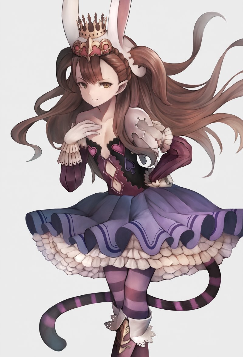 animal_ears bad_id bad_twitter_id blue_skirt boots breasts brown_eyes brown_hair bunny_ears closed_mouth commentary_request crown dark_alice feet_out_of_frame floating_hair frilled_skirt frills gloves grey_background hand_on_hip hand_up inaba_sunimi leaning_forward long_sleeves looking_at_viewer pantyhose petticoat purple_legwear shadowverse shingeki_no_bahamut simple_background skirt small_breasts smile solo striped striped_legwear striped_tail tail white_gloves