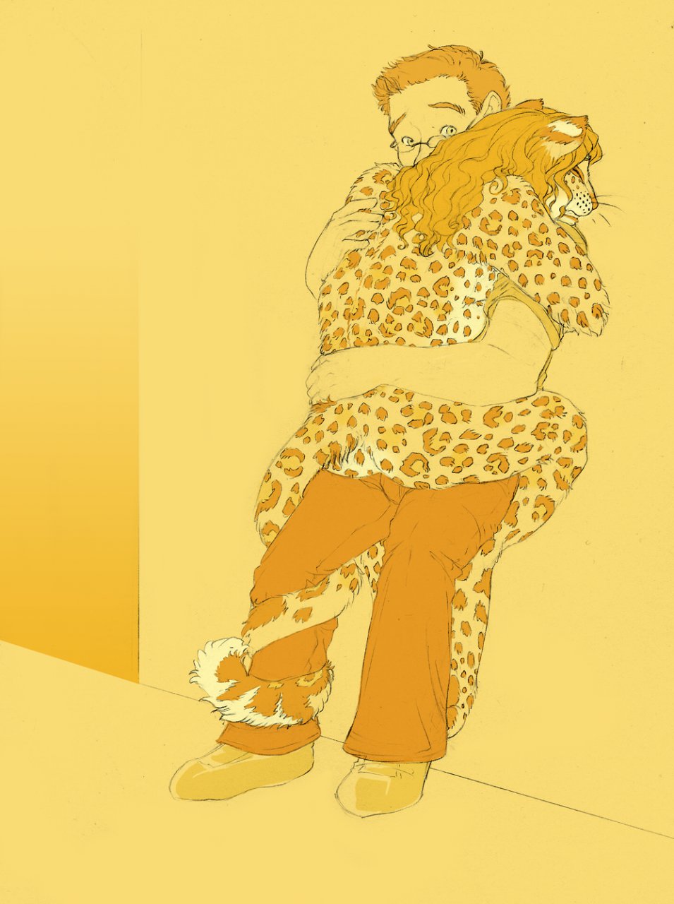 2010 amber-aria anthro butt clenched_teeth clothing duo embrace eyes_closed eyewear feline female glasses hair human leopard long_hair male mammal monochrome nude pants post_transformation short_hair simple_background standing tail_around_leg teeth yellow_background