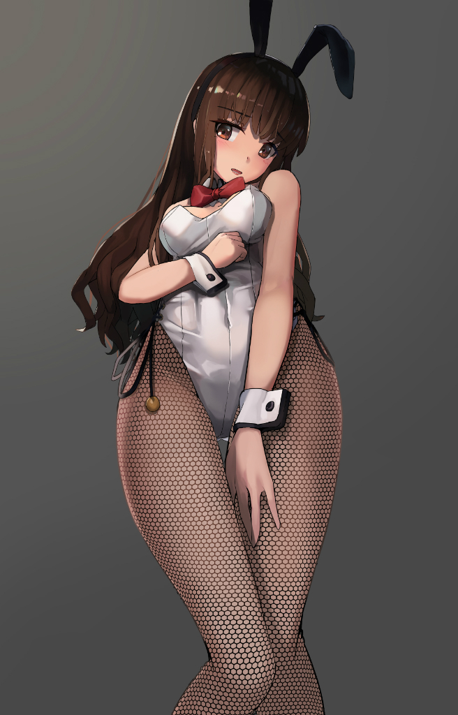 animal_ears bangs bare_shoulders blush bow bowtie breasts brown_eyes brown_hair bunny_ears bunny_girl bunny_tail bunnysuit covered_navel detached_collar fate/extra fate_(series) fishnet_pantyhose fishnets hips kishinami_hakuno_(female) leotard long_hair looking_at_viewer medium_breasts open_mouth pantyhose simple_background solo strapless strapless_leotard sunga2usagi tail thighs white_leotard wrist_cuffs