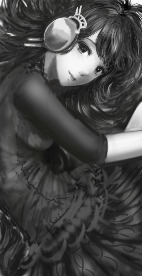 closed_mouth dress from_side greyscale hair_spread_out headphones long_hair looking_at_viewer looking_to_the_side monochrome original sakimori_(hououbds) smile solo