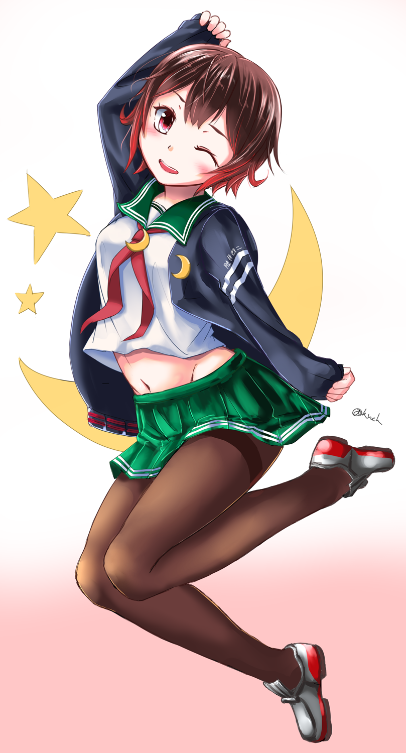 breasts brown_hair brown_legwear crescent crescent_moon_pin full_body gradient_hair green_skirt hair_between_eyes highres jacket kantai_collection knck long_sleeves midriff multicolored_hair mutsuki_(kantai_collection) navel neckerchief one_eye_closed open_mouth pantyhose pleated_skirt remodel_(kantai_collection) school_uniform serafuku shoes short_hair skirt small_breasts smile solo star thighband_pantyhose