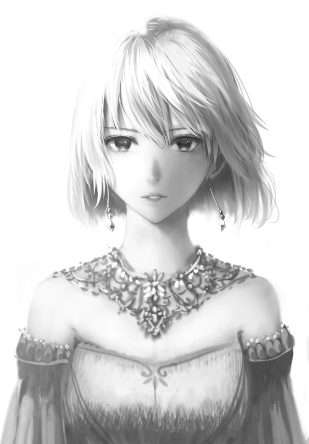 dress earrings greyscale jewelry looking_at_viewer monochrome necklace original parted_lips sakimori_(hououbds) short_hair simple_background solo upper_body white_background