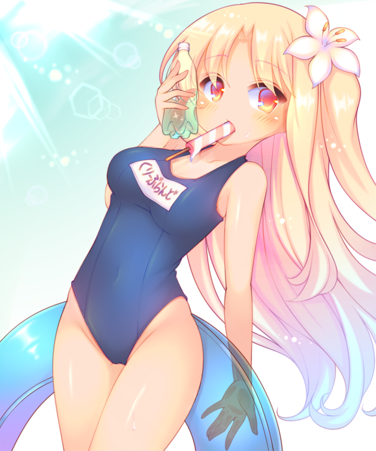 azur_lane bangs blonde_hair blue_hair blue_innertube blue_swimsuit blush bottle breasts cleveland_(azur_lane) collarbone commentary_request covered_navel eyebrows_visible_through_hair flower food food_in_mouth gradient_hair groin hair_flower hair_ornament highleg highleg_swimsuit holding holding_bottle holding_innertube innertube long_hair looking_at_viewer medium_breasts mouth_hold multicolored_hair name_tag new_school_swimsuit one-piece_swimsuit one_side_up parted_bangs popsicle red_eyes sakurato_ototo_shizuku school_swimsuit solo swimsuit tan transparent very_long_hair water_bottle wet white_flower