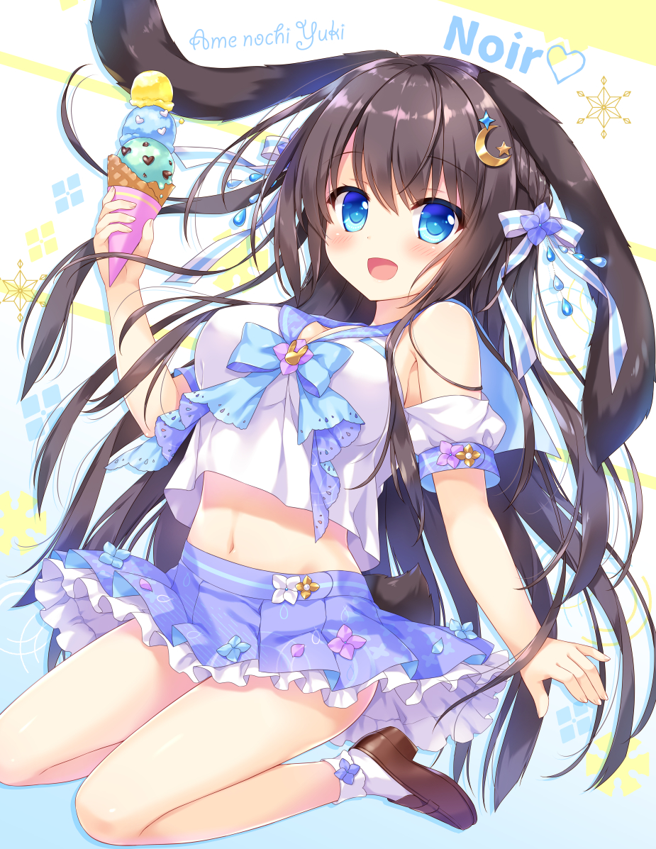 :d ameto_yuki animal_ears arm_up artist_name bangs blue_eyes blue_sailor_collar blush bobby_socks bow breasts brown_footwear brown_hair bunny_ears commentary_request crescent crescent_hair_ornament eyebrows_visible_through_hair fingernails floppy_ears food hair_between_eyes hair_bow hair_ornament heart holding holding_food ice_cream ice_cream_cone large_breasts loafers long_hair looking_at_viewer noir_(ameto_yuki) open_mouth original pleated_skirt puffy_short_sleeves puffy_sleeves purple_skirt sailor_collar shirt shoes short_sleeves sidelocks skirt smile socks solo sparkle striped striped_bow triple_scoop very_long_hair white_legwear white_shirt