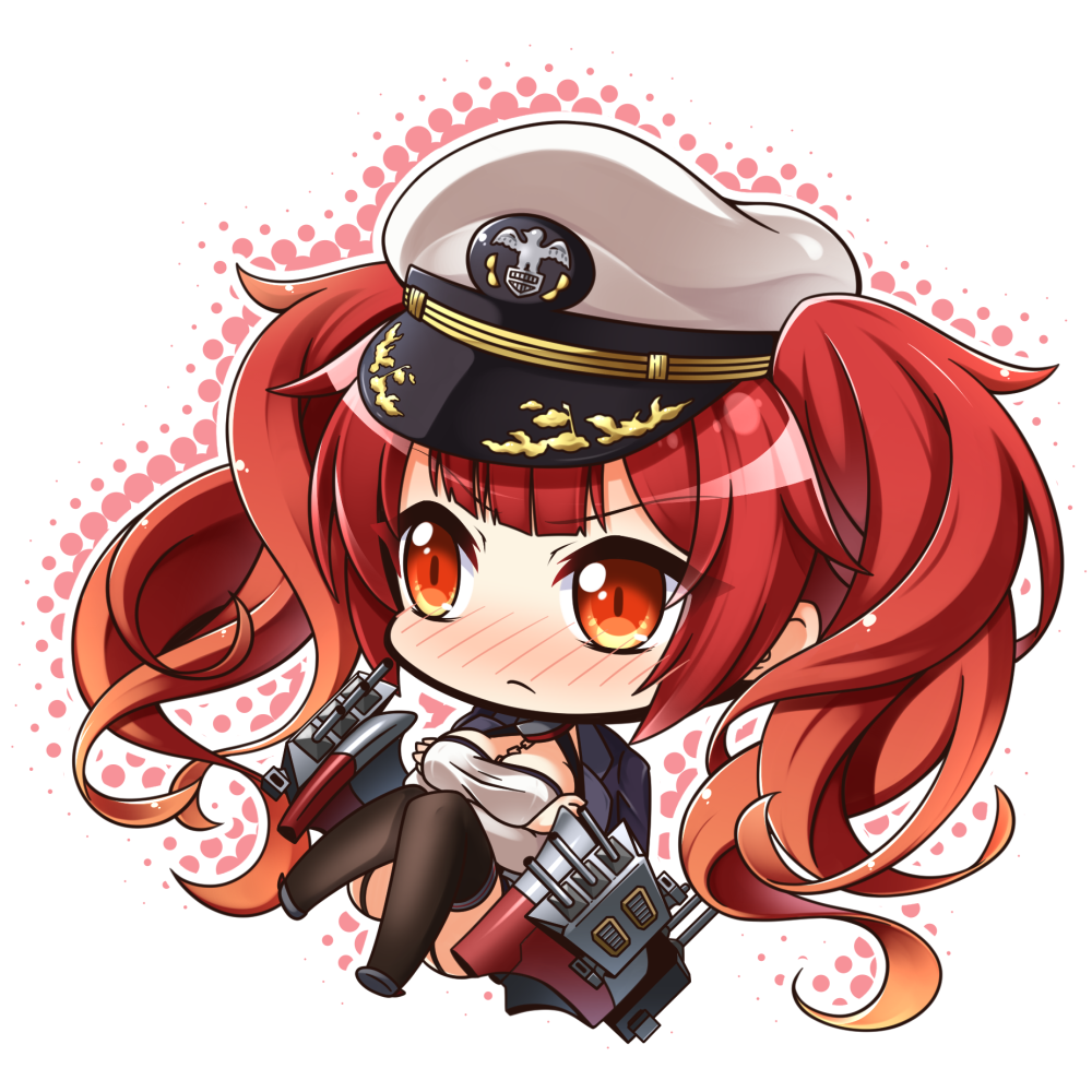 azur_lane bangs between_breasts black_footwear black_jacket black_legwear blush breasts chain chibi cleavage closed_mouth commentary_request crossed_arms dress eyebrows_visible_through_hair gradient_hair hat honolulu_(azur_lane) jacket jacket_on_shoulders large_breasts long_sleeves looking_away looking_to_the_side military_hat multicolored_hair nose_blush orange_eyes orange_hair outline peaked_cap red_hair shachoo. solo thighhighs twintails v-shaped_eyebrows white_dress white_hat white_outline