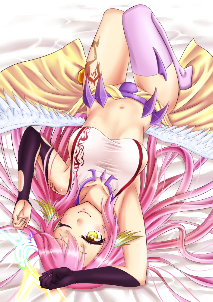 ;) angel_wings arm_above_head bed_sheet breasts commentary_request crop_top cross feathered_wings gloves halo jibril_(no_game_no_life) large_breasts long_hair low_wings lying magic_circle midriff mizunashi_hayate navel no_game_no_life on_back one_eye_closed pink_hair purple_legwear sideboob single_thighhigh smile solo symbol-shaped_pupils tattoo thigh_gap thighhighs upside-down white_wings wing_ears wings yellow_eyes
