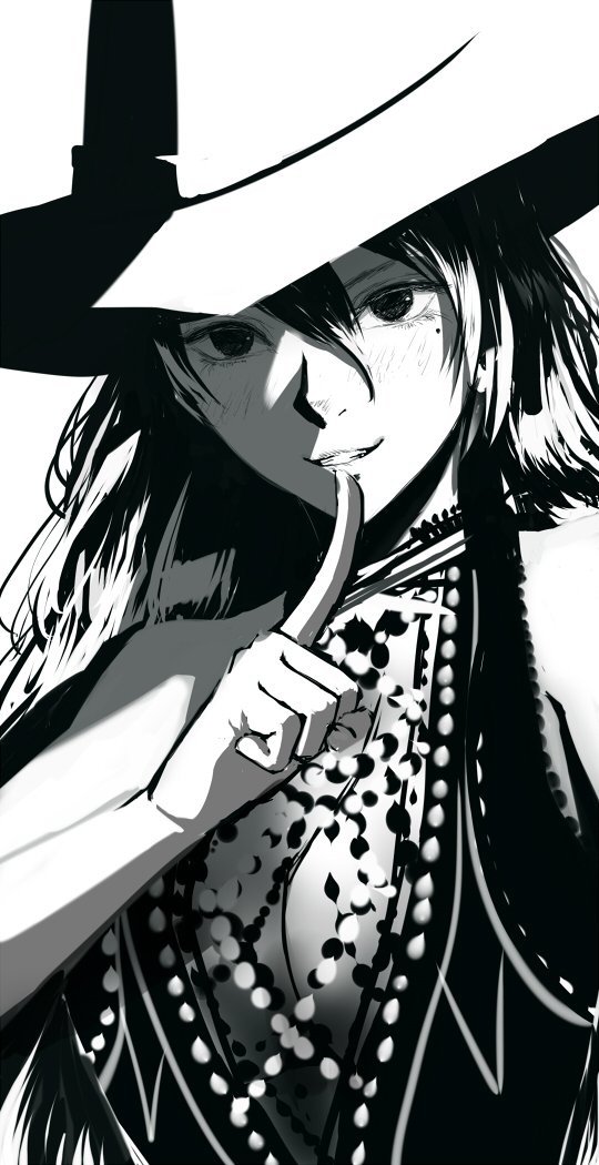 bare_shoulders blush dress finger_to_mouth greyscale hair_between_eyes hand_up hat index_finger_raised long_hair looking_at_viewer mole mole_under_eye monochrome original parted_lips sakimori_(hououbds) shushing simple_background smile solo upper_body white_background
