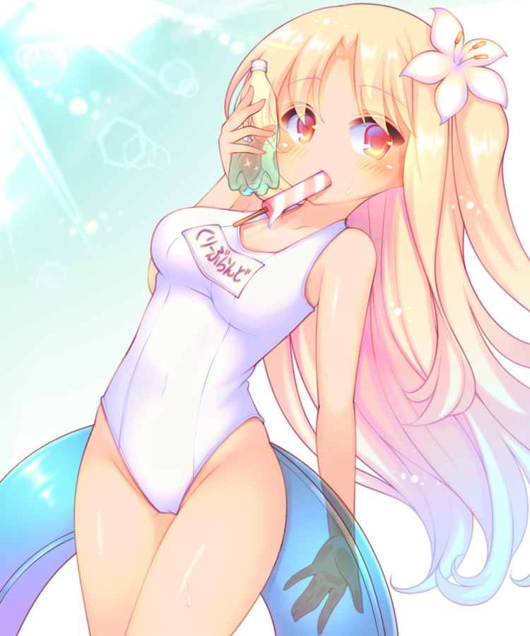 azur_lane bangs blonde_hair blue_hair blue_innertube blush bottle breasts cleveland_(azur_lane) collarbone covered_navel eyebrows_visible_through_hair flower food food_in_mouth gradient_hair groin hair_flower hair_ornament highleg highleg_swimsuit holding holding_bottle holding_innertube innertube long_hair looking_at_viewer medium_breasts mouth_hold multicolored_hair name_tag new_school_swimsuit one-piece_swimsuit one_side_up parted_bangs popsicle red_eyes sakurato_ototo_shizuku school_swimsuit solo swimsuit tan transparent very_long_hair water_bottle wet white_flower white_school_swimsuit white_swimsuit