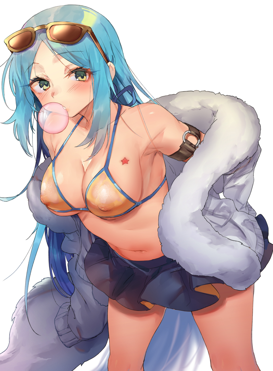 arm_strap armpits bangs bare_shoulders bikini_top blue_hair blue_skirt breasts bubble_blowing chewing_gum cleavage collarbone eyebrows_visible_through_hair eyewear_on_head fur_trim girls_frontline green_eyes halterneck highres jacket large_breasts leaning_forward long_hair long_sleeves looking_at_viewer m249_saw_(girls_frontline) naso4 navel nipples o-ring off_shoulder parted_bangs see-through simple_background skirt solo star star_tattoo sunglasses tattoo very_long_hair white_background
