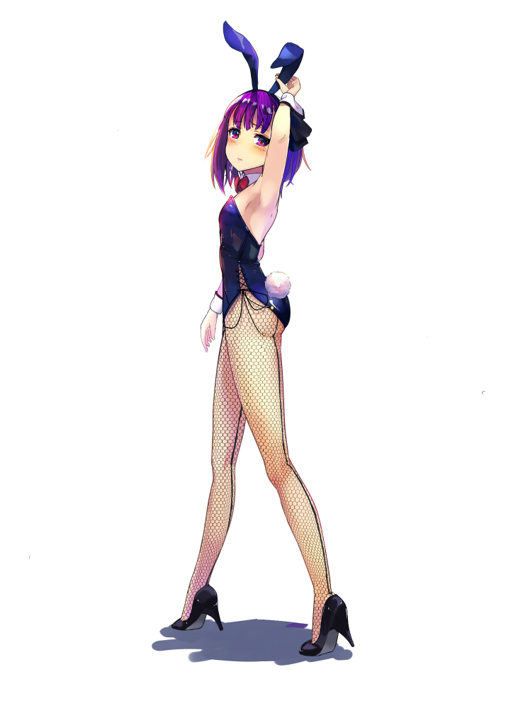 animal_ears arm_up armpits ass bangs bare_shoulders blush bow bowtie breasts bunny_ears bunny_girl bunny_tail bunnysuit detached_collar fate/grand_order fate_(series) fishnet_pantyhose fishnets full_body helena_blavatsky_(fate/grand_order) high_heels hips legs leotard looking_at_viewer pantyhose parted_lips purple_eyes purple_hair short_hair simple_background small_breasts solo strapless strapless_leotard sunga2usagi tail thighs wrist_cuffs