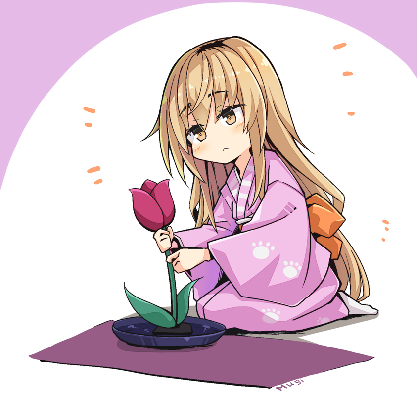 adapted_costume blonde_hair blush bow brown_eyes character_name closed_mouth flower head_tilt ienaga_mugi ikebana japanese_clothes kimono long_hair nijisanji no_shoes ogami_kazuki orange_bow paw_print pink_kimono print_kimono red_flower seiza sitting socks solo tulip very_long_hair white_legwear