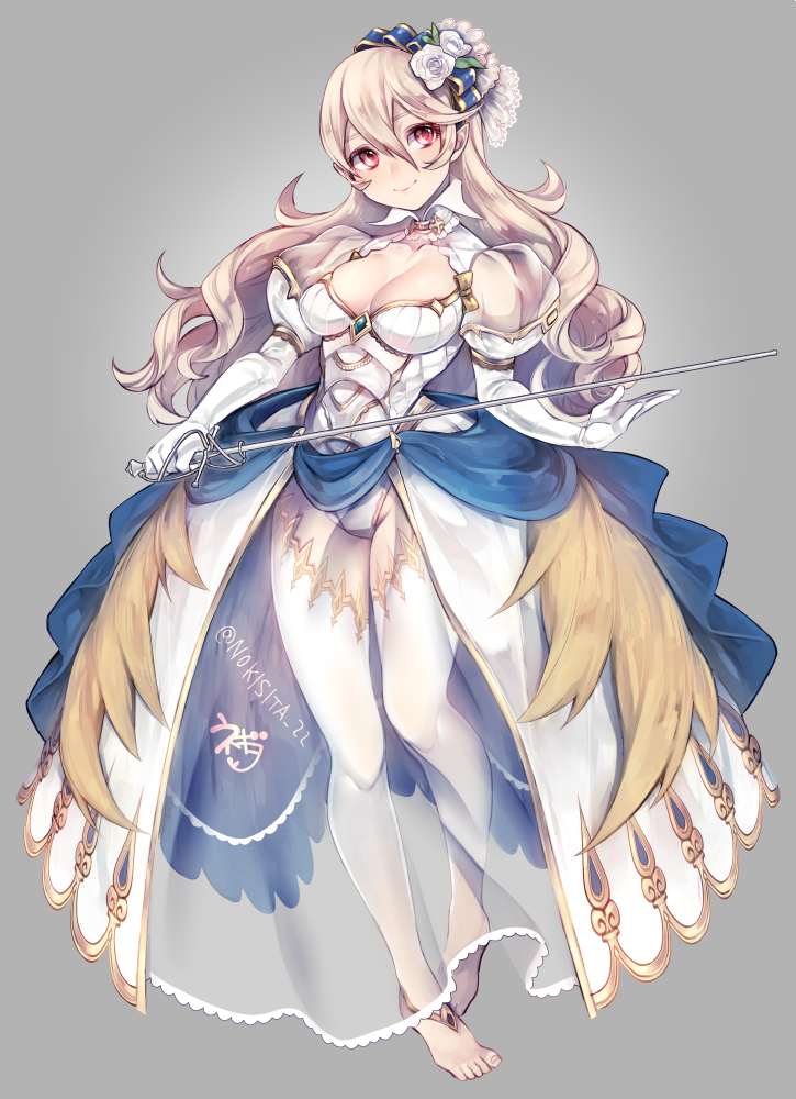 anklet bare_shoulders barefoot bouquet breasts bridal_veil bride commentary_request dress elbow_gloves female_my_unit_(fire_emblem_if) fire_emblem fire_emblem_heroes fire_emblem_if flower gloves hair_between_eyes hair_flower hair_ornament hairband jewelry long_hair mamkute my_unit_(fire_emblem_if) necklace negiwo panties pointy_ears red_eyes silver_hair smile strapless strapless_dress sword underwear veil weapon wedding_dress white_dress white_gloves