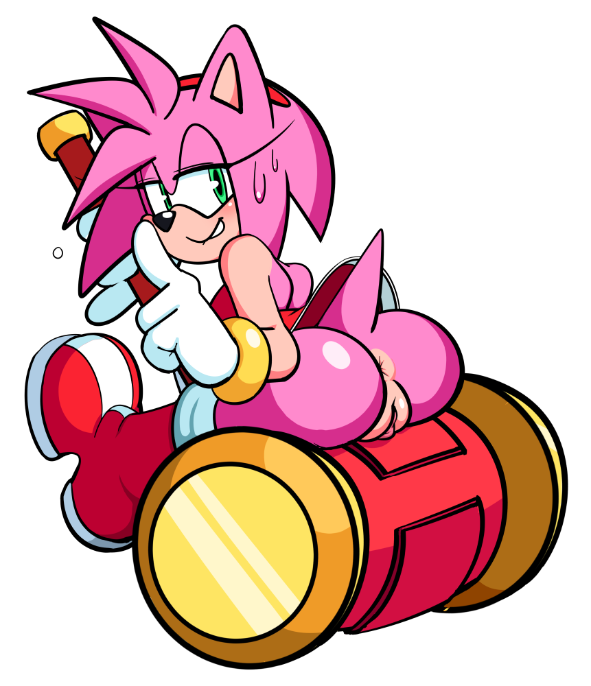 2018 amy_rose anthro anus black_nose blush boots bottomless bracelet butt clothed clothing dress female footwear gloves green_eyes hair hairband hammer hedgehog jewelry mammal pink_hair pussy short_hair simple_background sitting solo sonic_(series) sweat tools video_games watatanza