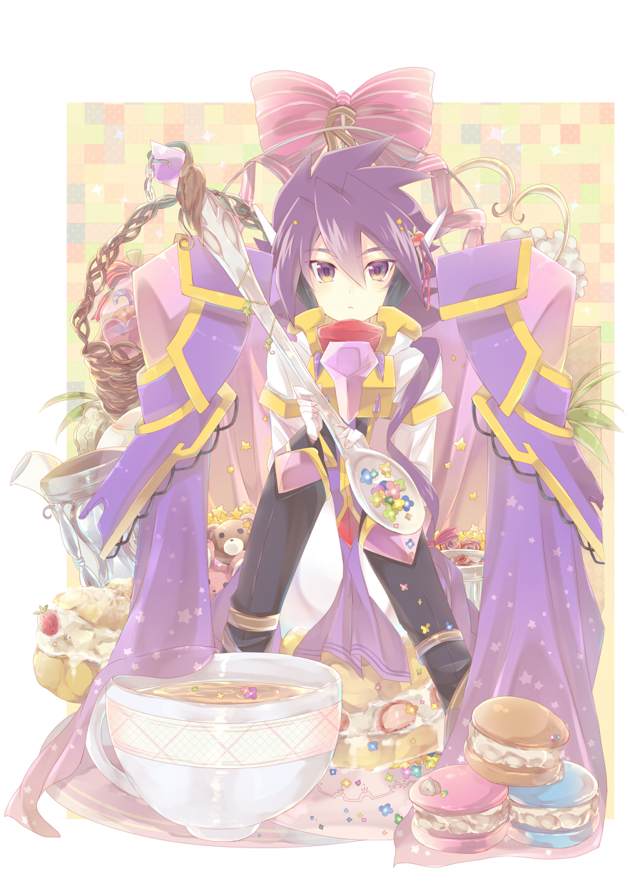 basket black_footwear boots bow candy candy_cane cape checkered checkered_background cup dessert flower food gloves heart highres jacket long_sleeves male_focus pink_bow plant purple_cape purple_eyes purple_hair rento_(rukeai) saikyou_ginga_ultimate_zero_~battle_spirits~ solo spiked_hair spoon star stuffed_animal stuffed_toy tea teacup teaspoon teddy_bear white_gloves white_jacket zero_the_flash
