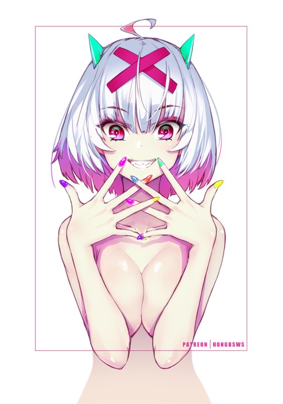 ahoge breast_squeeze breasts claw_pose claws commentary_request covering_nipples eyebrows_visible_through_hair fingernails grey_hair grin hands_up hong_(white_spider) horns large_breasts long_fingernails looking_at_viewer multicolored multicolored_nails nail_polish patreon_username red_eyes sharp_teeth short_hair smile solo teeth upper_body wide-eyed