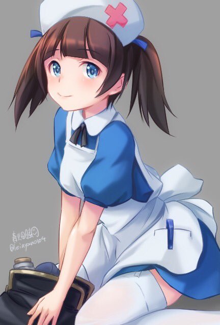 alternate_costume apron arm_support artist_name bag bangs black_neckwear blue_dress blue_eyes blue_ribbon brave_witches brown_hair collared_dress commentary_request dress eyebrows_visible_through_hair georgette_lemare grey_background hair_ribbon haruhata_mutsuki hat leaning_forward looking_at_viewer neck_ribbon nurse nurse_cap puffy_short_sleeves puffy_sleeves red_cross ribbon satchel short_dress short_sleeves signature sitting solo thighhighs twintails twitter_username white_hat white_legwear world_witches_series