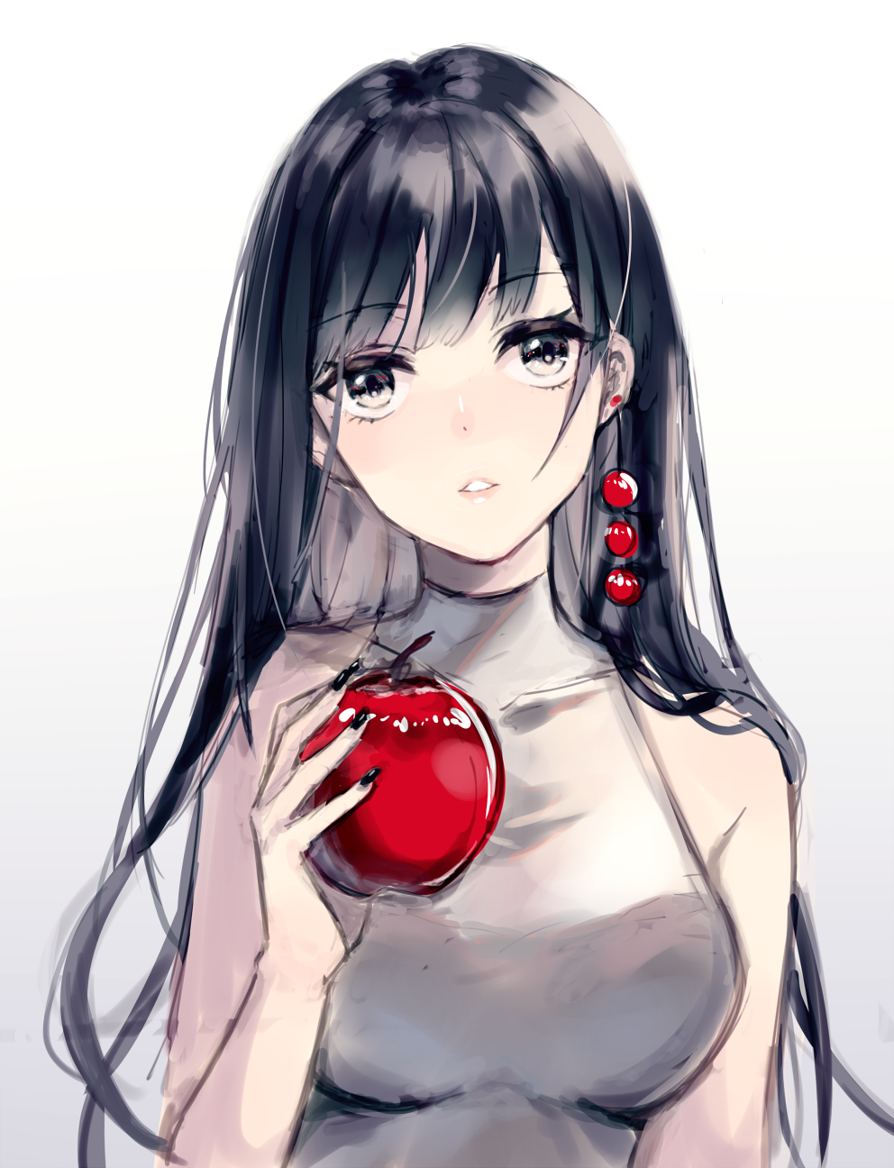 apple bangs bare_arms bare_shoulders black_eyes black_hair black_nails blush breasts collarbone eyebrows_visible_through_hair fingernails food fruit gradient gradient_background grey_background grey_shirt hair_ornament highres holding holding_food holding_fruit itsia long_hair looking_at_viewer medium_breasts nail_polish original parted_lips red_apple shirt sleeveless sleeveless_shirt solo very_long_hair white_background
