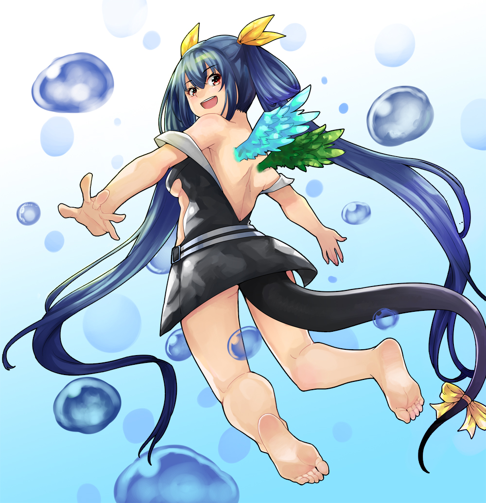 1girl barefoot blue_hair feet long_hair looking_at_viewer looking_back open_mouth red_eyes soles tail toes twintails very_long_hair wings