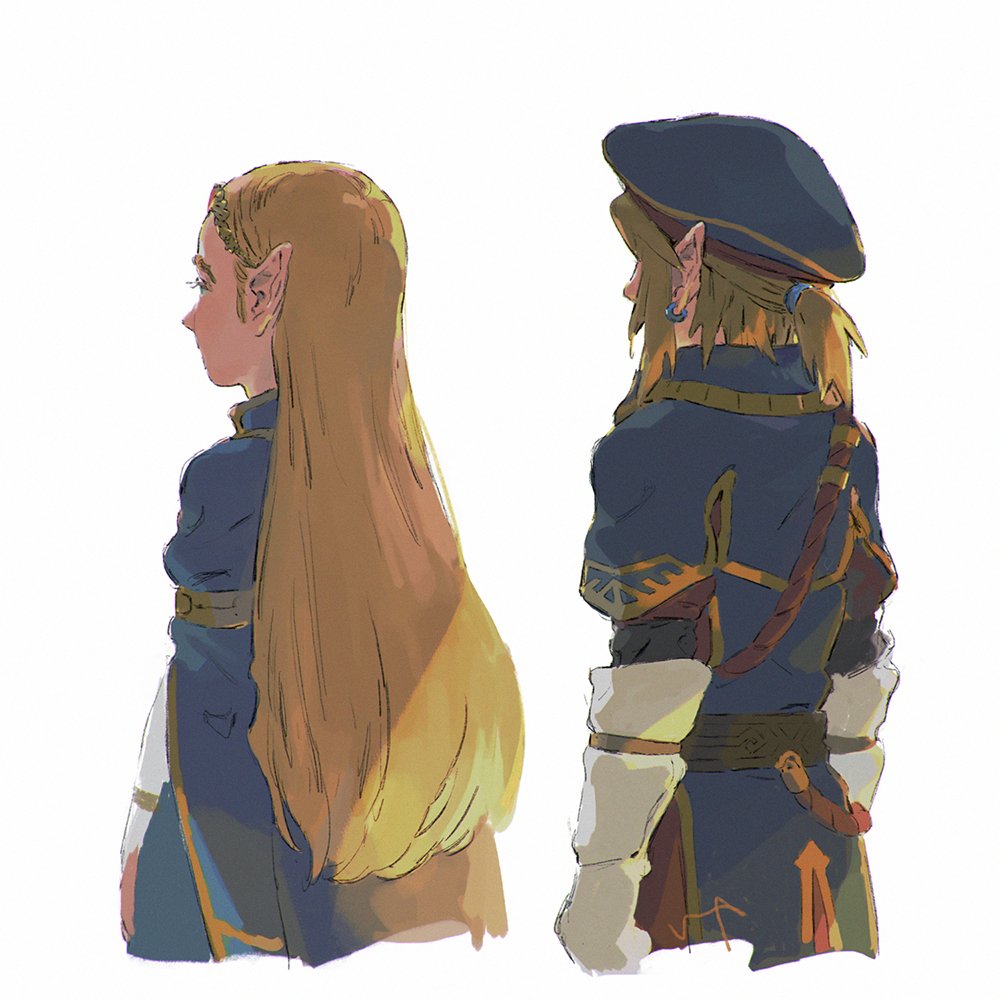 1girl cropped_torso earrings from_behind gloves jewelry link lip_(lih8) long_hair pointy_ears princess_zelda short_ponytail the_legend_of_zelda the_legend_of_zelda:_breath_of_the_wild very_long_hair white_background white_gloves
