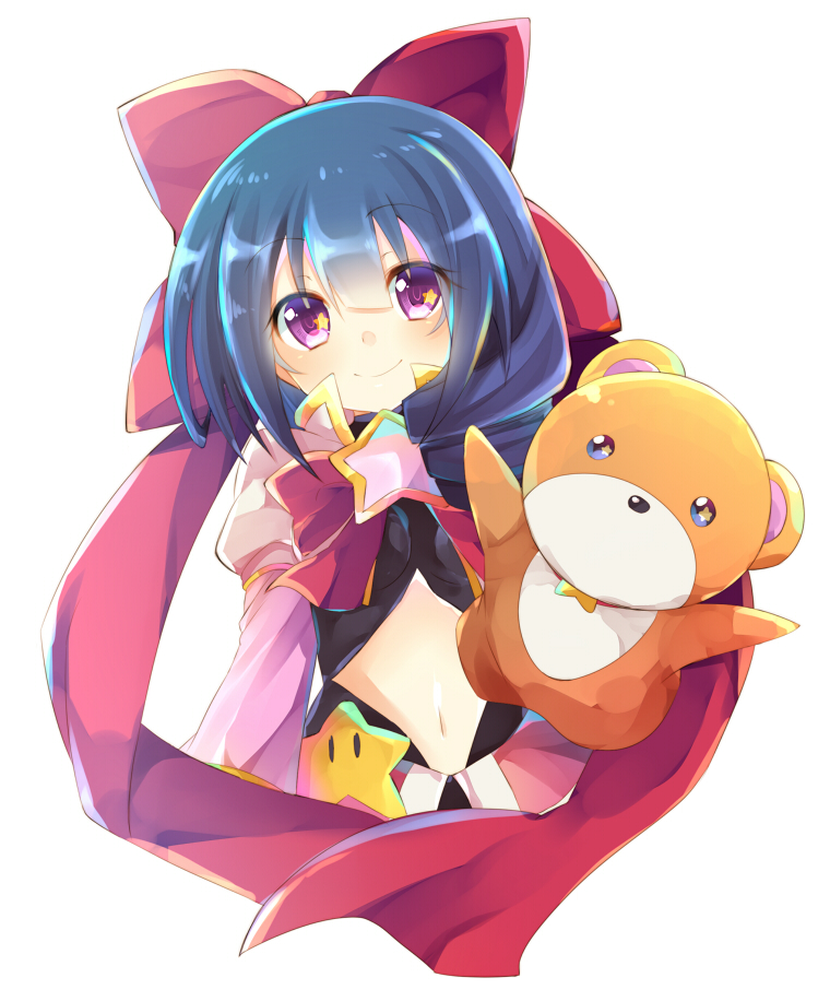 1girl blue_hair bow commentary_request dress drill_hair hair_bow long_hair long_sleeves looking_at_viewer magical_girl magical_star_saki midriff navel pink_dress puffy_sleeves purple_eyes red_bow red_ribbon rento_(rukeai) ribbon saikyou_ginga_ultimate_zero_~battle_spirits~ smile solo star stuffed_animal stuffed_toy teddy_bear