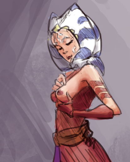 ahsoka_tano alien breasts clone_wars clothed clothing colored_sketch exposed_breasts facial_markings female fingerless_gloves gloves grey_background half-length_portrait head_tails holding_breast humanoid humanoid_hands looking_down markings nipples not_furry orange_skin partially_clothed portrait red_nipples simple_background solo standing star_wars togruta tourbillon