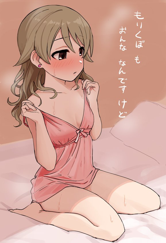 babydoll bangs bare_arms bare_legs bed blonde_hair blush breasts brown_eyes commentary earrings eyebrows_visible_through_hair hair_down hot idolmaster idolmaster_cinderella_girls indoors jewelry lingerie long_hair looking_away morikubo_nono navel nightgown omaru_gyuunyuu pillow see-through sitting small_breasts solo stud_earrings sweat symbol_commentary translation_request underwear wariza wavy_hair