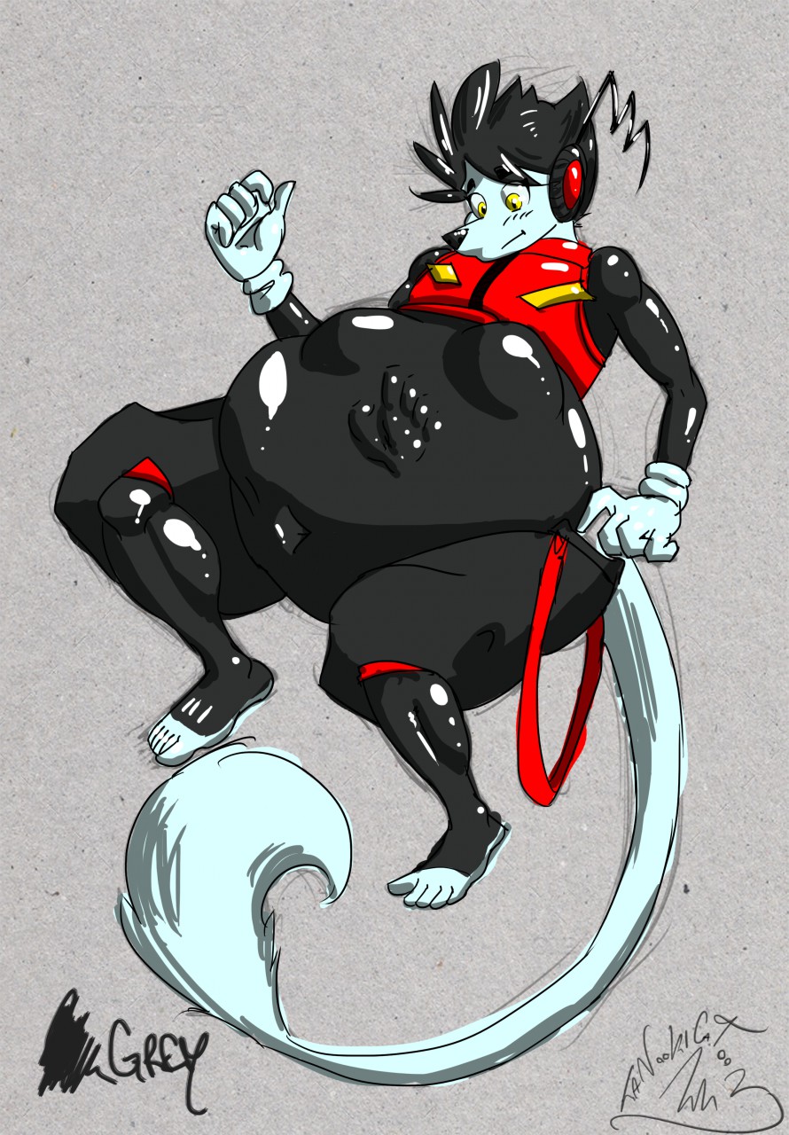 android belly big_belly canine clothing dog glossy grey_background hybrid lemur machine male mammal nintendo pok&eacute;mon pok&eacute;mon_(species) primate robot shiny simple_background smeargle soft_vore stomach tanookicatoon tanookicatoon(artist) tanookicatoon(character) video_games vore