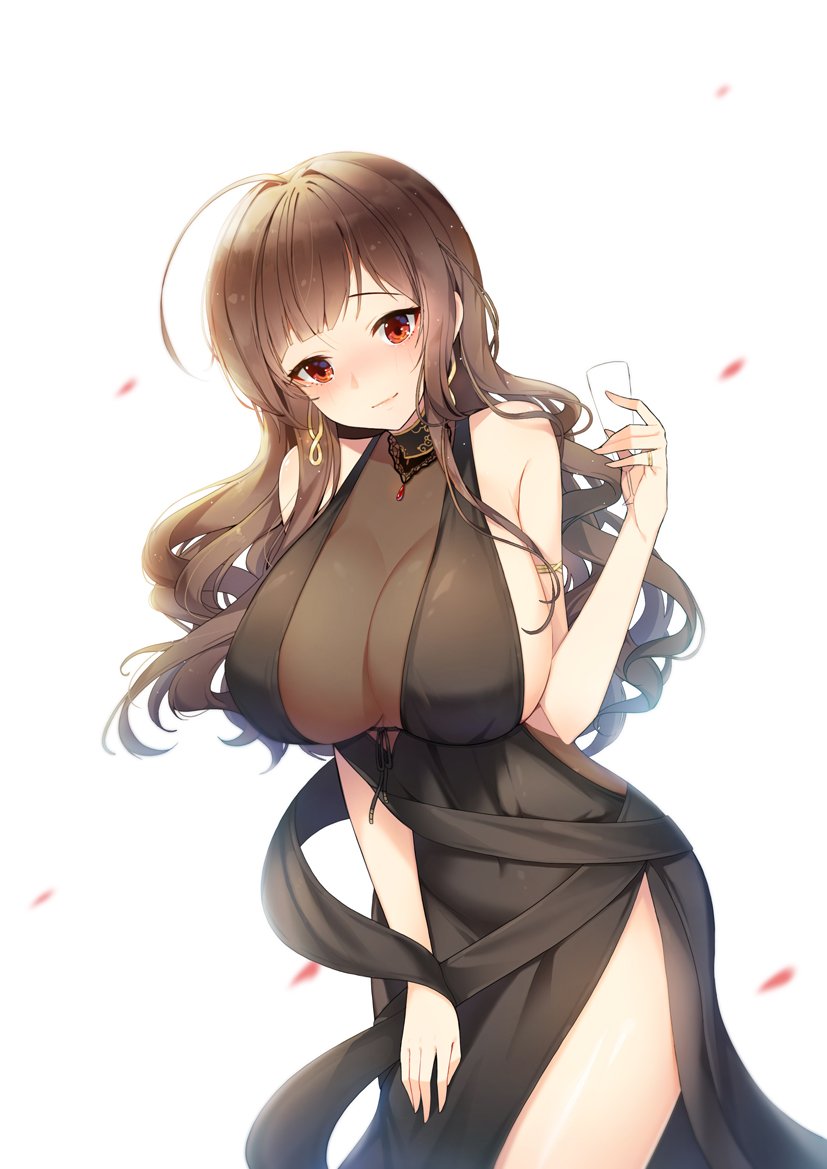 ahoge alternate_costume armlet bangs black_dress blunt_bangs blush breasts brown_hair casual choker cleavage closed_mouth commentary_request cup dress drinking_glass dsr-50_(girls_frontline) earrings girls_frontline hair_ornament holding holding_cup jewelry large_breasts leaning_forward long_hair looking_at_viewer pendant petals red_eyes ruby_(stone) side_slit sideboob sidelocks simple_background smile solo thighs tp_(kido_94) very_long_hair wavy_hair white_background