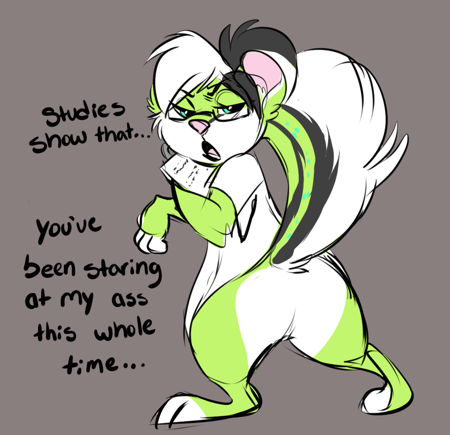 2018 annoyed anthro black_hair black_stripes bottomless butt clipboard clothed clothing eyewear female fur glasses green_fur grey_background hair jacket looking_at_viewer mammal paper simple_background skunk stripes text toony white_fur white_hair zipzap