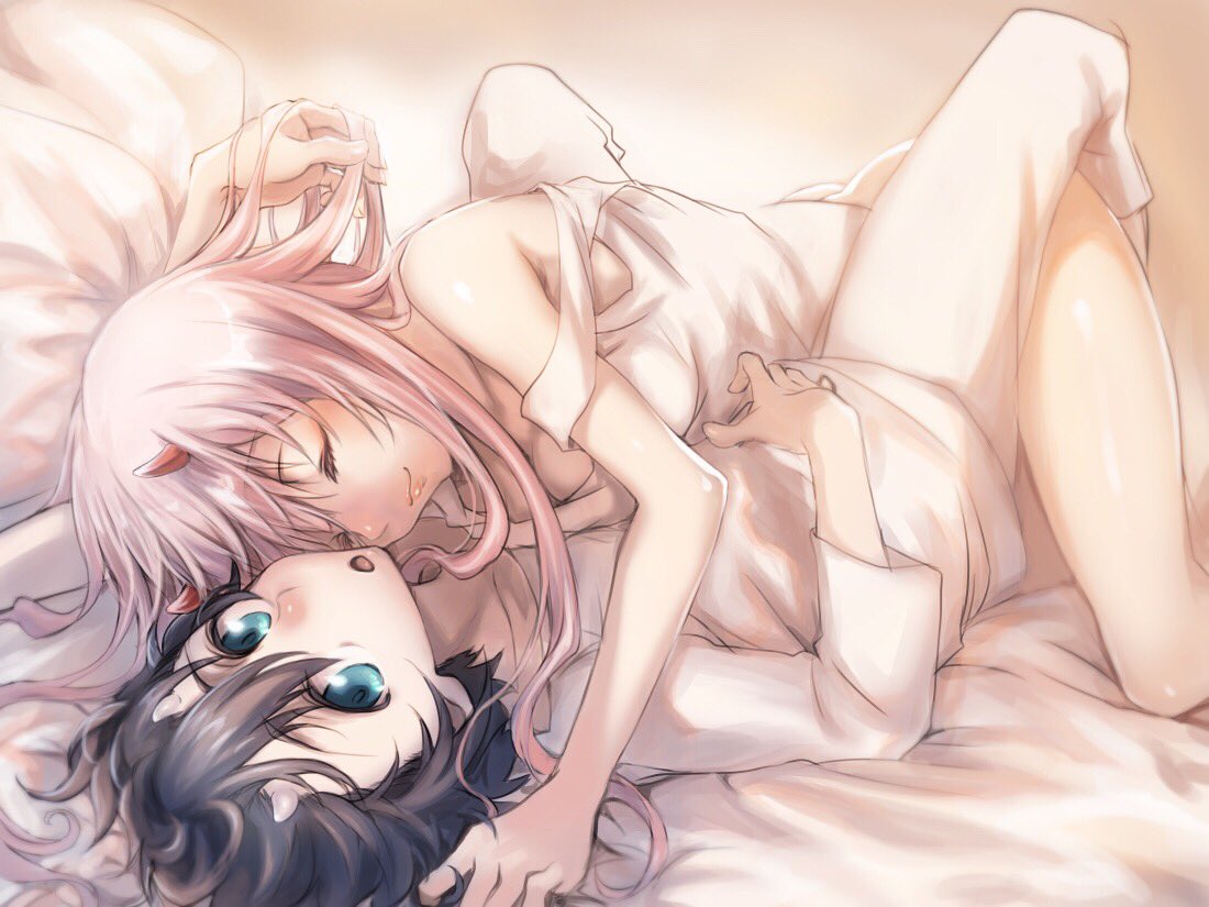 1girl ass bangs bare_shoulders bed_sheet black_hair blue_eyes breast_press breasts cleavage closed_eyes collarbone commentary_request couple darling_in_the_franxx eyebrows_visible_through_hair hand_on_own_stomach herozu_(xxhrd) hetero hiro_(darling_in_the_franxx) horns long_hair looking_at_viewer lying lying_on_person nightgown no_panties off_shoulder on_back oni_horns pajamas pink_hair red_horns sleeveless spoilers thighs white_nightgown white_pajamas zero_two_(darling_in_the_franxx)