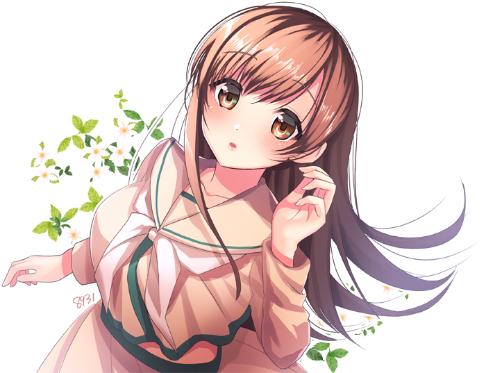 bangs blush brown_eyes brown_hair collarbone commentary crop_top crop_top_overhang dutch_angle eyebrows_visible_through_hair floral_background flower from_above hakusai_ponzu hand_up kantai_collection leaf long_hair long_sleeves looking_at_viewer looking_up neckerchief ooi_(kantai_collection) parted_lips pink_lips remodel_(kantai_collection) school_uniform serafuku solo white_background white_flower white_neckwear wind
