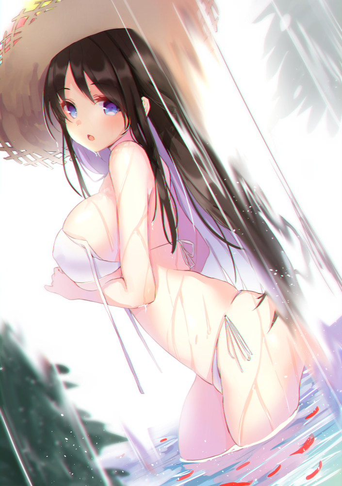 amahara_pekozaemon arm_under_breasts bare_shoulders bikini black_hair blue_eyes blurry blush breast_hold breasts commentary_request contrapposto covered_nipples depth_of_field dutch_angle from_side hat head_tilt huge_breasts long_hair looking_at_viewer looking_to_the_side original outdoors parted_lips petals petals_on_liquid side-tie_bikini sideboob sidelocks skindentation solo standing straw_hat string_bikini swimsuit untied untied_bikini wading water waterfall wet white_bikini