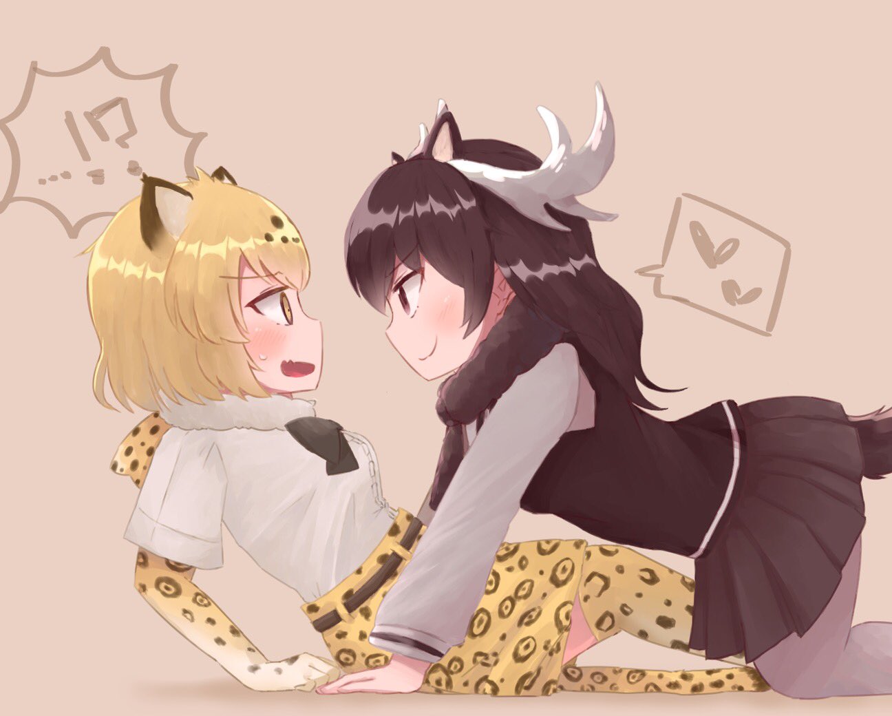 2girls animal_ears antlers belt blonde_hair blush brown_hair center_frills commentary_request elbow_gloves eyebrows_visible_through_hair fang fur_collar gloves heart jaguar_(kemono_friends) jaguar_ears jaguar_print jaguar_tail kemono_friends long_sleeves lying moose_(kemono_friends) moose_ears moose_tail multicolored_hair multiple_girls on_back open_mouth pantyhose pleated_skirt scarf short_hair short_sleeves skirt sweater tail tamago_biscuit_(tozeto) thighhighs vest yuri
