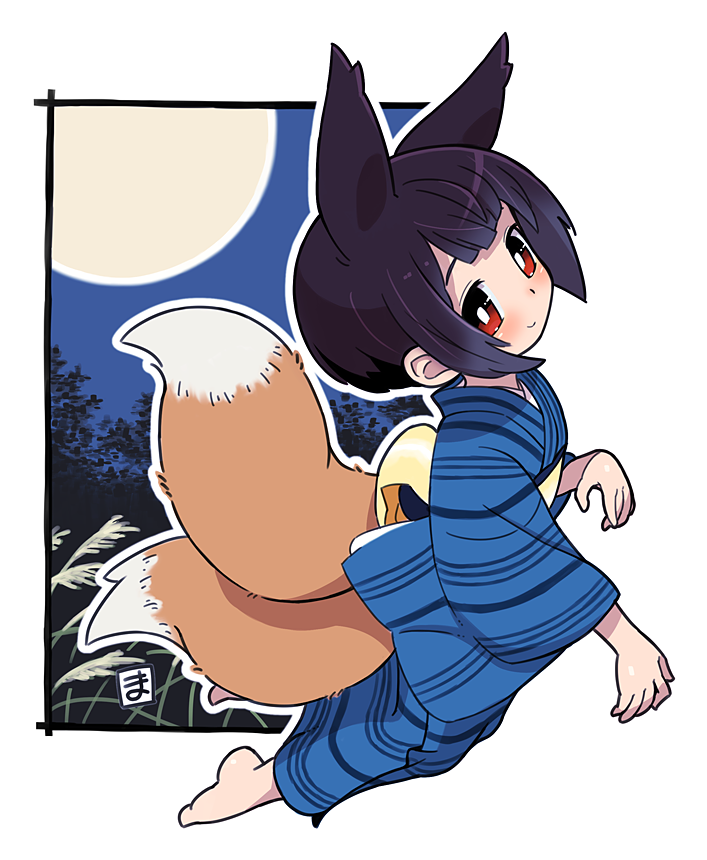 1girl barefoot black_hair feet female fox_tail japanese_clothes kikuri_(mawaru) kimono mawaru_(mawaru) multiple_tails original red_eyes solo tail
