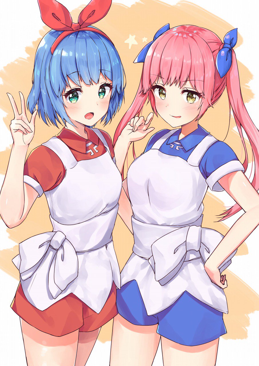 :d apron blue_bow blue_dress blue_hair blush bow collared_dress commentary_request cowboy_shot dress eyebrows_visible_through_hair green_eyes hair_bow hairband hand_on_hip hand_up highres long_hair multiple_girls omega_rei omega_rio omega_sisters open_mouth puffy_short_sleeves puffy_sleeves racchi. red_bow red_dress short_hair short_sleeves smile standing star twintails virtual_youtuber w yellow_background yellow_eyes