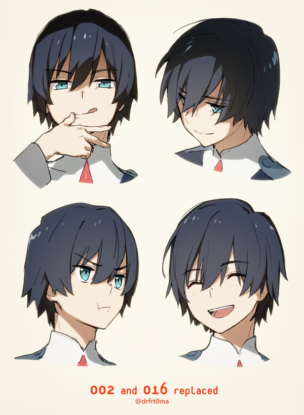 artist_name black_hair blue_eyes closed_eyes commentary_request darling_in_the_franxx english expressions eyebrows_visible_through_hair hand_up hiro_(darling_in_the_franxx) lipstick looking_at_viewer makeup male_focus multiple_views toma_(norishio)