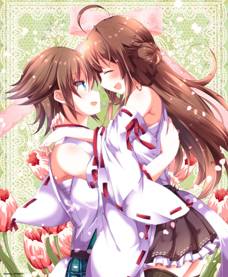 ahoge bare_shoulders brown_hair closed_eyes commentary_request detached_sleeves double_bun green_skirt hairband headgear hiei_(kantai_collection) japanese_clothes kantai_collection kongou_(kantai_collection) long_hair looking_at_another multiple_girls nanoha-h nontraditional_miko open_mouth plaid remodel_(kantai_collection) ribbon-trimmed_sleeves ribbon_trim sarashi short_hair skirt smile thighhighs zettai_ryouiki