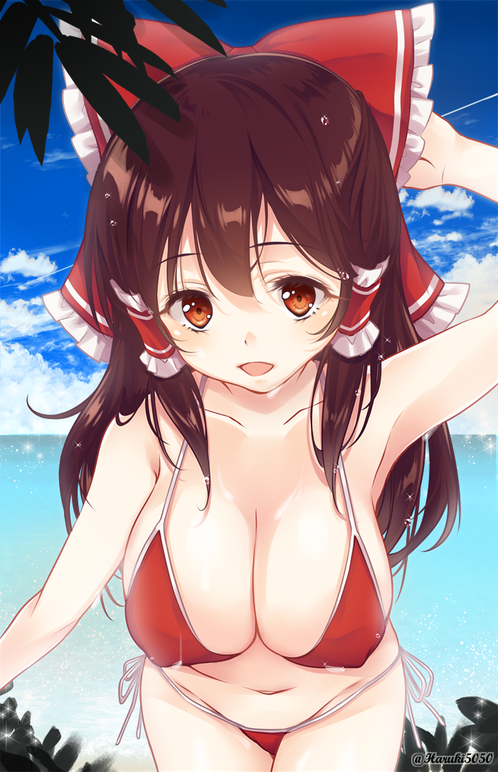 armpits bangs bare_shoulders bikini blue_sky bow breasts brown_eyes brown_hair cleavage cloud cloudy_sky collarbone commentary_request covered_nipples cowboy_shot day hair_between_eyes hair_bow hair_tubes hakurei_reimu haruki_(colorful_macaron) large_breasts leaning_forward long_hair looking_at_viewer navel ocean open_mouth outdoors red_bikini red_bow side-tie_bikini sidelocks sky smile solo sparkle stomach summer swimsuit touhou twitter_username water_drop