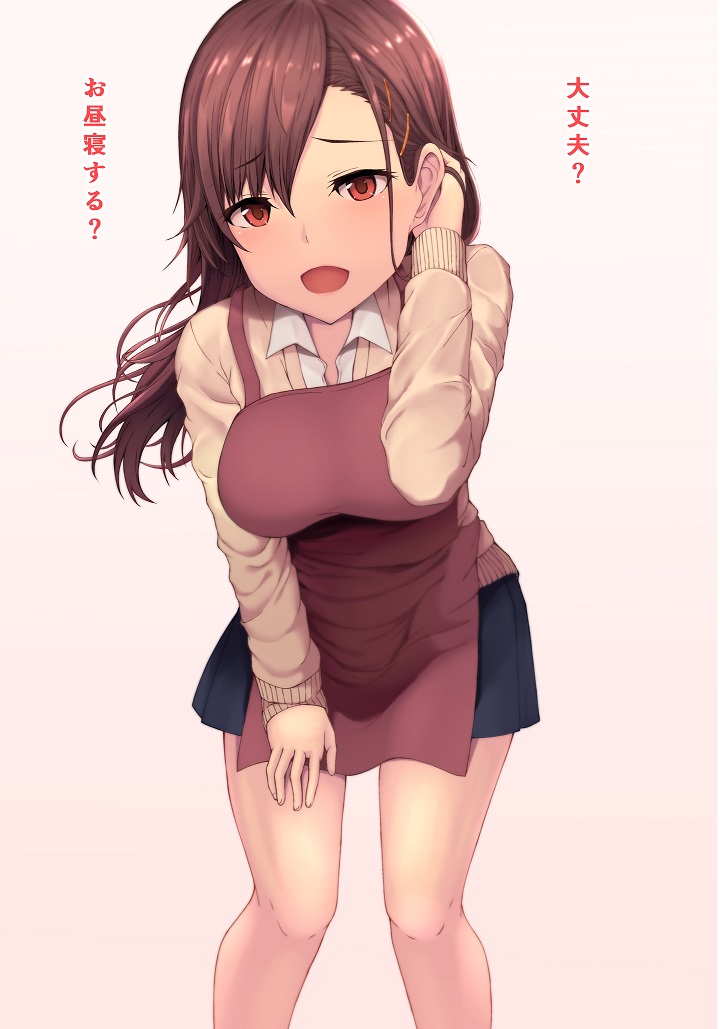 1girl adjusting_hair apron breasts brown_hair female long_hair looking_at_viewer open_mouth original school_uniform simple_background solo tekito_wani translation_request