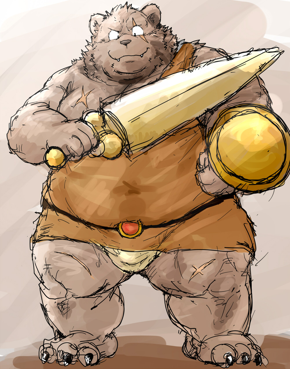 2015 barazoku bear bulge clothing facing_viewer full_portrait grizzly_bear kemono kotobuki male mammal melee_weapon muscular obese overweight scar shield simple_background solo standing sword toga weapon