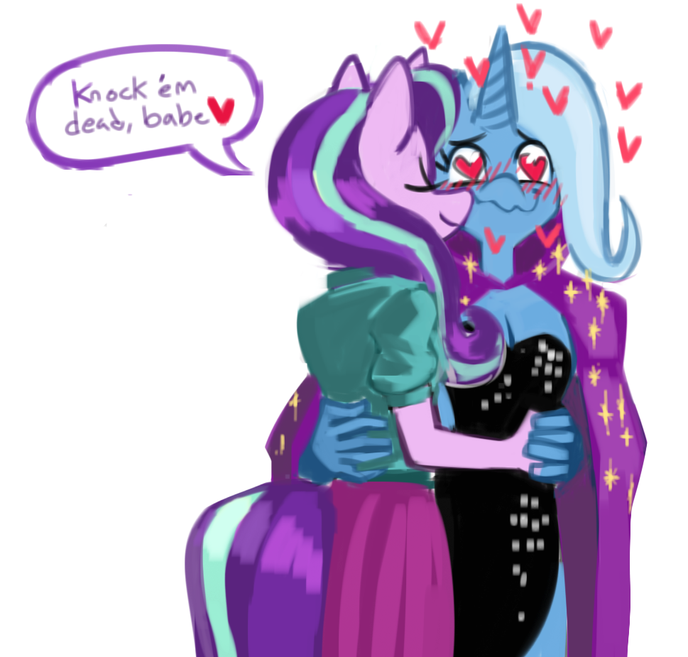 &lt;3 &lt;3_eyes anthro blue_fur blue_hair blush breasts cape cleavage clothed clothing dialogue dress duo english_text equine eyes_closed female friendship_is_magic fur hair hand_holding horn horse hug long_hair mammal my_little_pony myheartpumpspiss pony purple_fur purple_hair purple_tail simple_background smile standing starlight_glimmer_(mlp) text trixie_(mlp) unicorn white_background