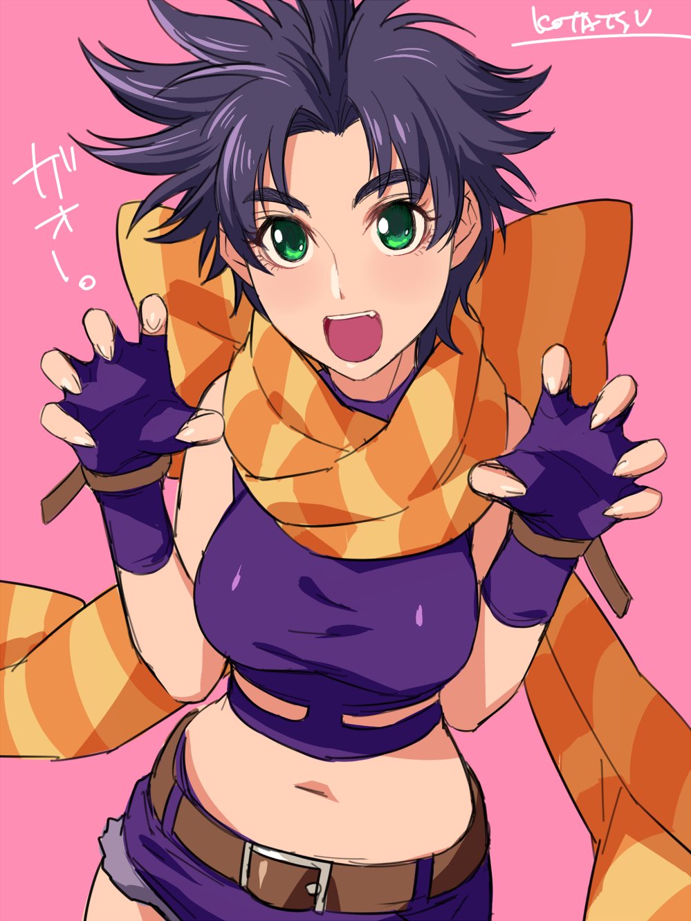 :d battle_tendency belt blush breasts claw_pose fang fingerless_gloves fingernails genderswap genderswap_(mtf) gloves green_eyes hands_up highres jojo_no_kimyou_na_bouken joseph_joestar_(young) kotatsu_(g-rough) large_breasts looking_at_viewer midriff navel open_mouth orange_scarf pink_background purple_background purple_gloves purple_shorts scarf short_hair short_shorts shorts signature simple_background smile solo striped striped_scarf wristband