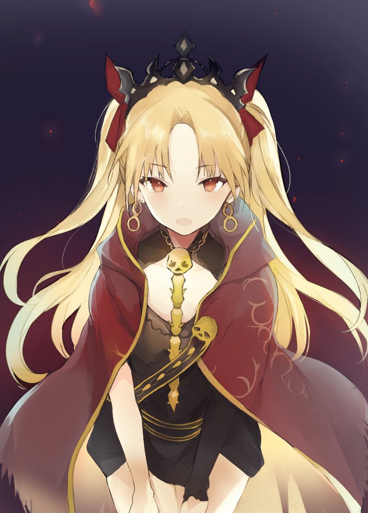 bangs black_dress blonde_hair blush bow cape commentary cowboy_shot crown dress earrings ereshkigal_(fate/grand_order) eyebrows_visible_through_hair fate/grand_order fate_(series) hair_bow infinity jewelry leaning_forward long_hair looking_at_viewer lpip multicolored multicolored_cape multicolored_clothes necklace open_mouth parted_bangs red_bow red_cape red_eyes short_dress single_sleeve solo spine two_side_up yellow_cape