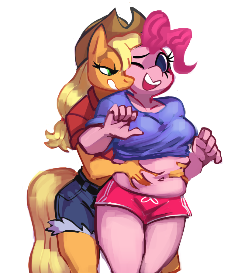 5_fingers anthro applejack_(mlp) bedroom_eyes belly_grab blonde_hair blue_eyes breasts clothing cowboy_hat duo equine female friendship_is_magic from_behind_(disambiguation) fur green_eyes hair half-closed_eyes hat horse jeans long_hair mammal midriff my_little_pony myheartpumpspiss navel one_eye_closed open_mouth orange_fur overweight pants pink_fur pink_hair pinkie_pie_(mlp) pony seductive shorts simple_background smile standing white_background