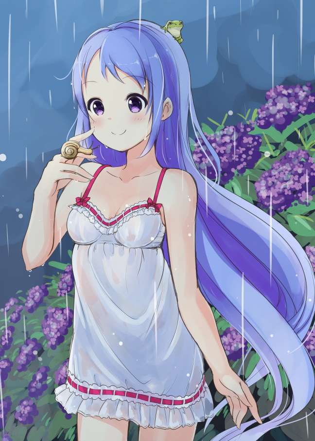 alternate_costume alternate_eye_color animal animal_on_hand animal_on_head babydoll bangs bare_arms bare_shoulders blue_hair blush bow breasts collarbone commentary cowboy_shot eyebrows_visible_through_hair flower frills frog hydrangea kantai_collection leaf lingerie long_hair looking_away minidraco negligee on_head purple_eyes purple_flower rain red_bow red_ribbon ribbon ribbon_trim samidare_(kantai_collection) small_breasts smile snail solo spaghetti_strap swept_bangs underwear very_long_hair wet wet_clothes white_babydoll