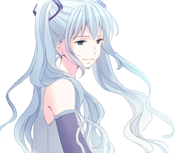 blue_eyes blue_hair detached_sleeves eyebrows_visible_through_hair floating_hair fujino_iro hatsune_miku long_hair looking_away simple_background sleeveless smile solo standing twintails upper_body vocaloid white_background