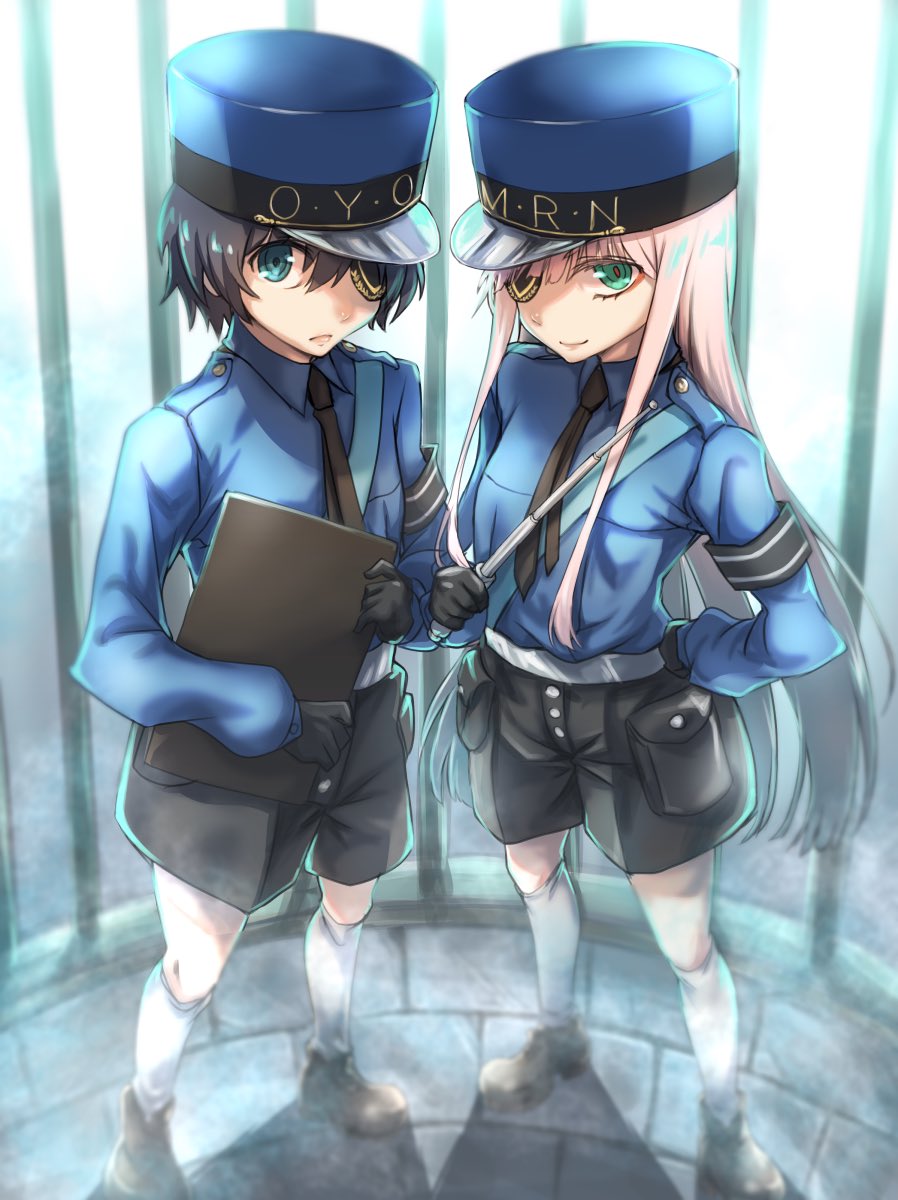 1girl bangs belt black_gloves black_hair black_neckwear black_shorts blue_eyes blue_hat blue_shirt caroline_(persona_5) clipboard commentary_request cosplay couple darling_in_the_franxx eyepatch gloves gold_trim green_eyes hand_on_hip hat herozu_(xxhrd) hetero highres hiro_(darling_in_the_franxx) holding holding_clipboard holding_weapon justine_(persona_5) long_hair looking_at_viewer necktie peaked_cap persona persona_5 pink_hair police police_hat police_uniform shirt shoes shorts sleeves_past_wrists socks uniform weapon white_legwear zero_two_(darling_in_the_franxx)