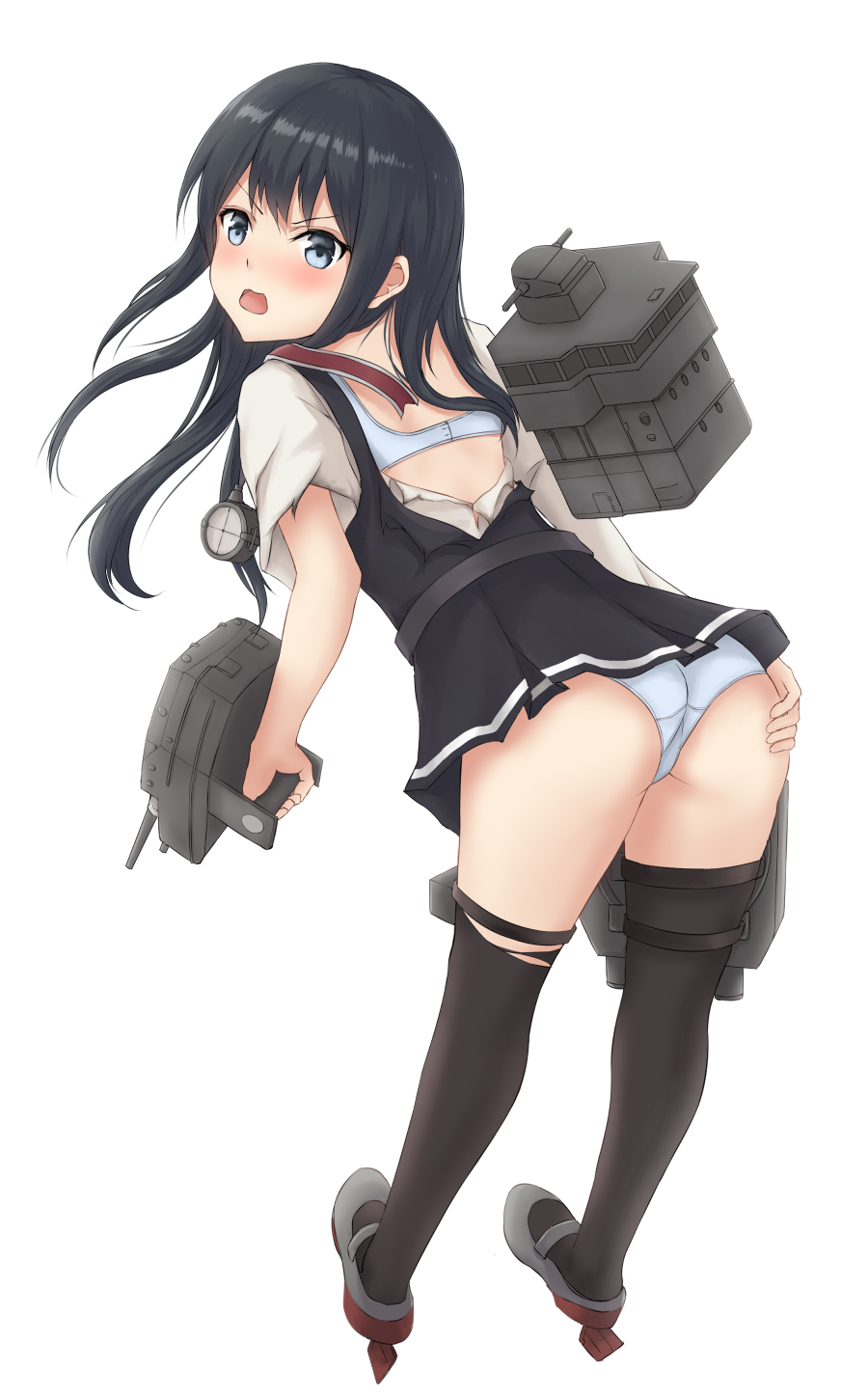 asashio_(kantai_collection) ass asymmetrical_sleeves bangs belt bent_over black_dress black_hair black_legwear blue_bra blue_eyes blue_panties blush bra commentary_request dress from_behind full_body hand_on_own_ass highres holding k_jie kantai_collection long_hair looking_at_viewer looking_back machinery open_mouth panties pinafore_dress remodel_(kantai_collection) rigging rudder_shoes school_uniform searchlight shirt simple_background solo thigh_strap thighhighs torn_clothes torn_dress torn_legwear torn_shirt torn_sleeves turret underwear v-shaped_eyebrows white_background