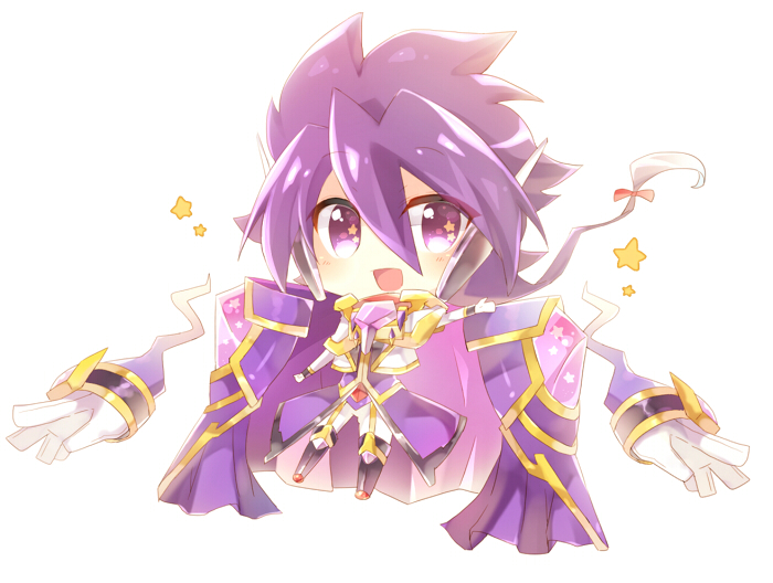 1boy :d black_footwear boots bow cape chibi jacket male_focus open_mouth outstretched_arms purple_cape purple_eyes purple_shirt red_bow rento_(rukeai) saikyou_ginga_ultimate_zero_~battle_spirits~ shirt smile solo spiked_hair star starry_background white_background white_jacket zero_the_flash