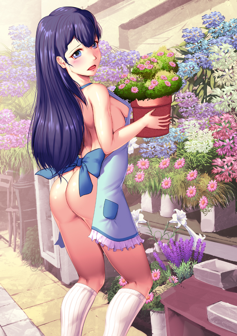 apron ass black_hair blue_eyes breasts flower flower_pot from_behind harihisa hugtto!_precure long_hair looking_at_viewer naked_apron open_mouth plant potted_plant precure sideboob socks solo standing yakushiji_saaya